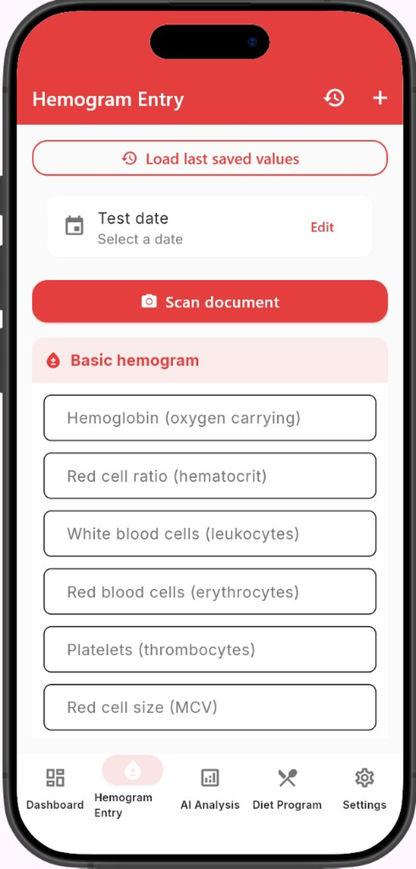 HemoAI hemogram entry screen
