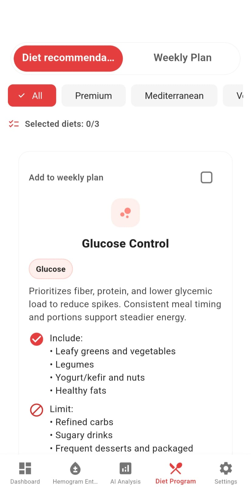 HemoAI diet program screen