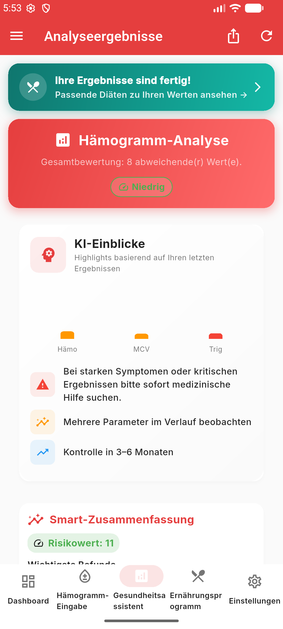 HemoAI analysis results in German