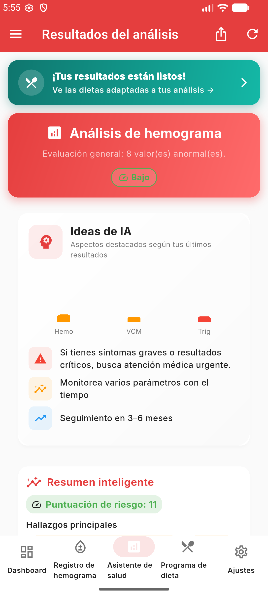 HemoAI analysis results in Spanish