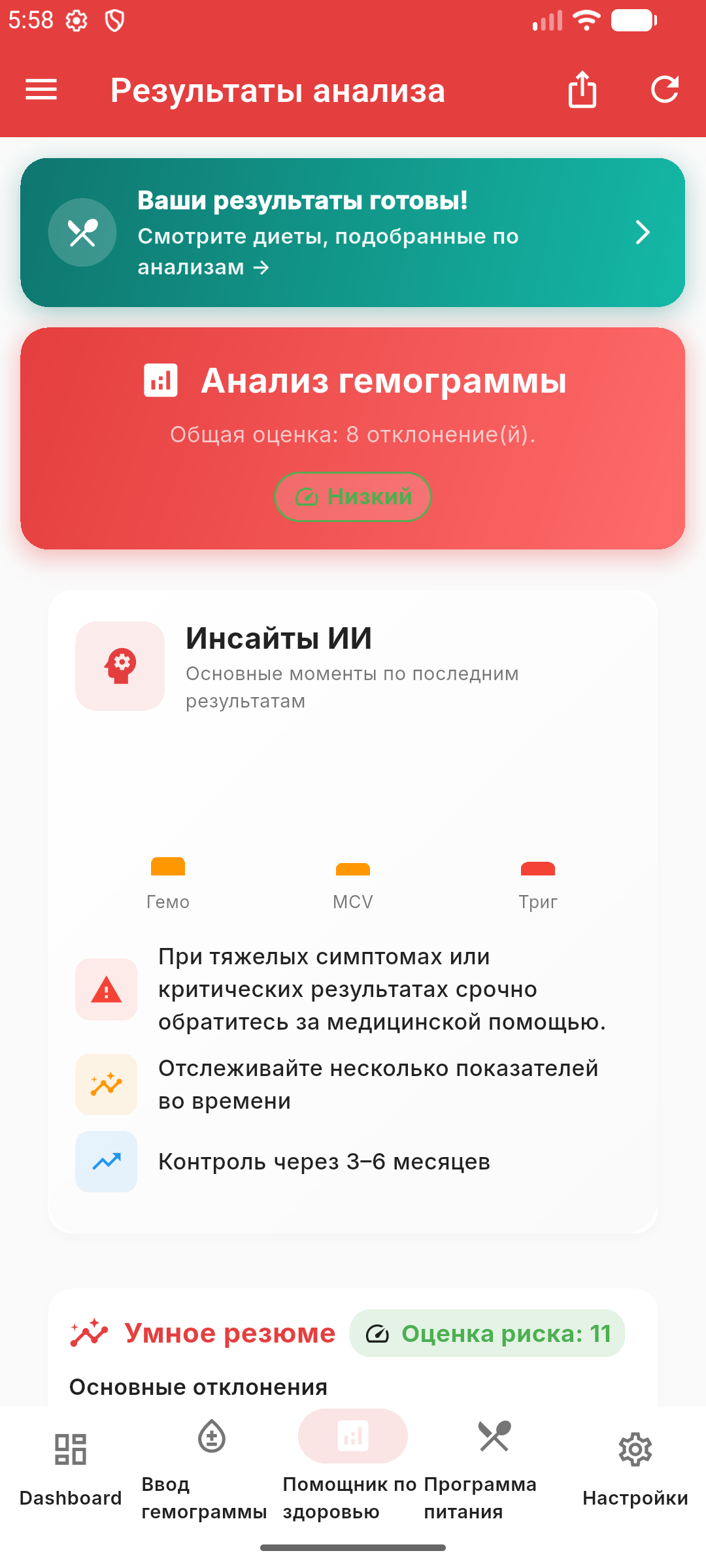 HemoAI analysis results in Russian